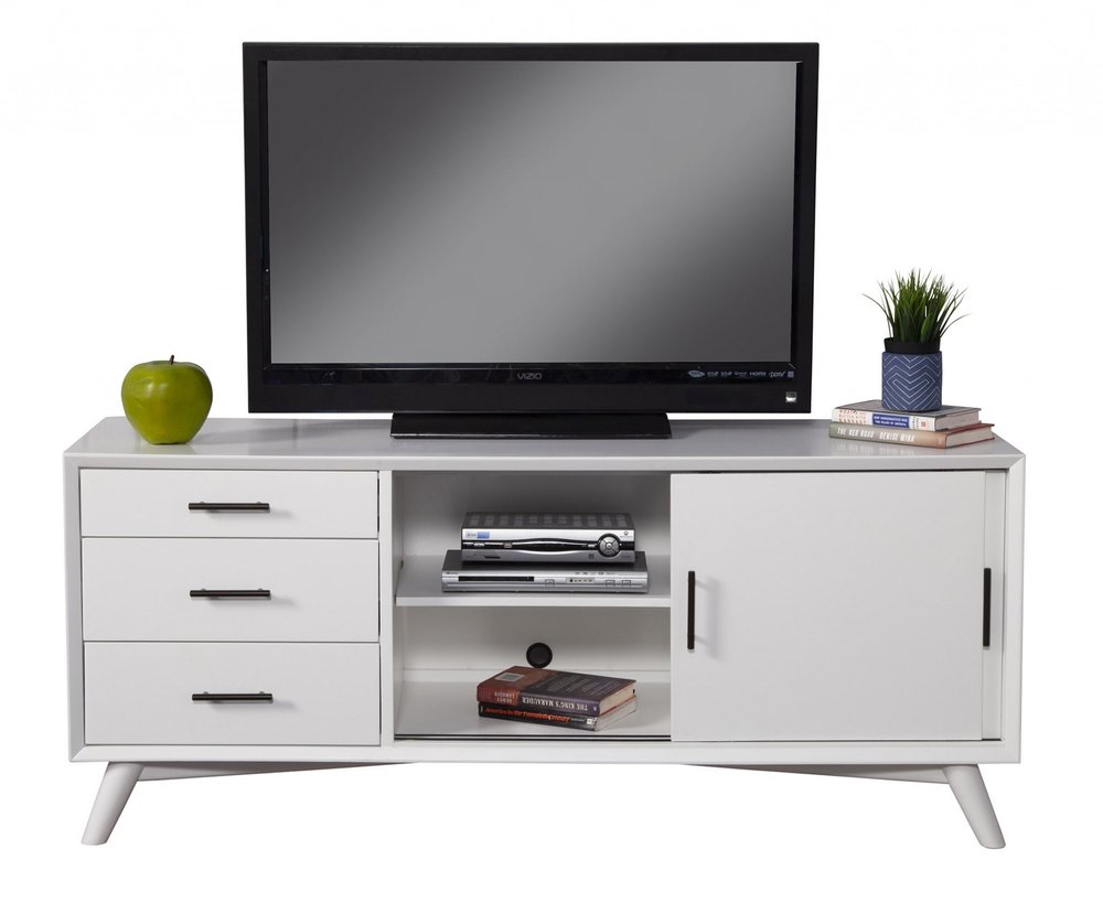 64" White Mahogany Solid Wood Enclosed and Open Storage TV Stand HomeRoots