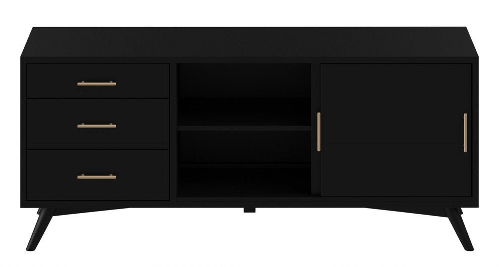 64" Black Mahogany Solid Wood Enclosed and Open Storage TV Stand HomeRoots