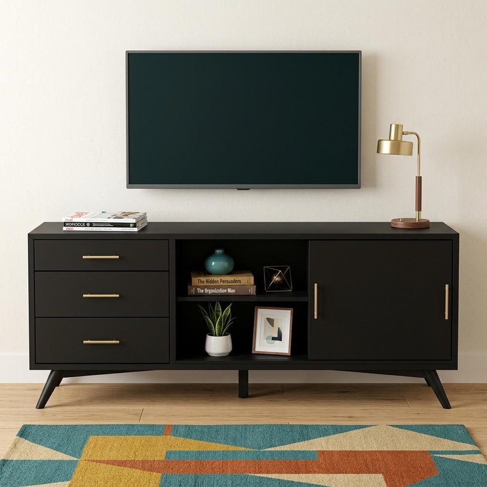 64" Black Mahogany Solid Wood Enclosed and Open Storage TV Stand HomeRoots