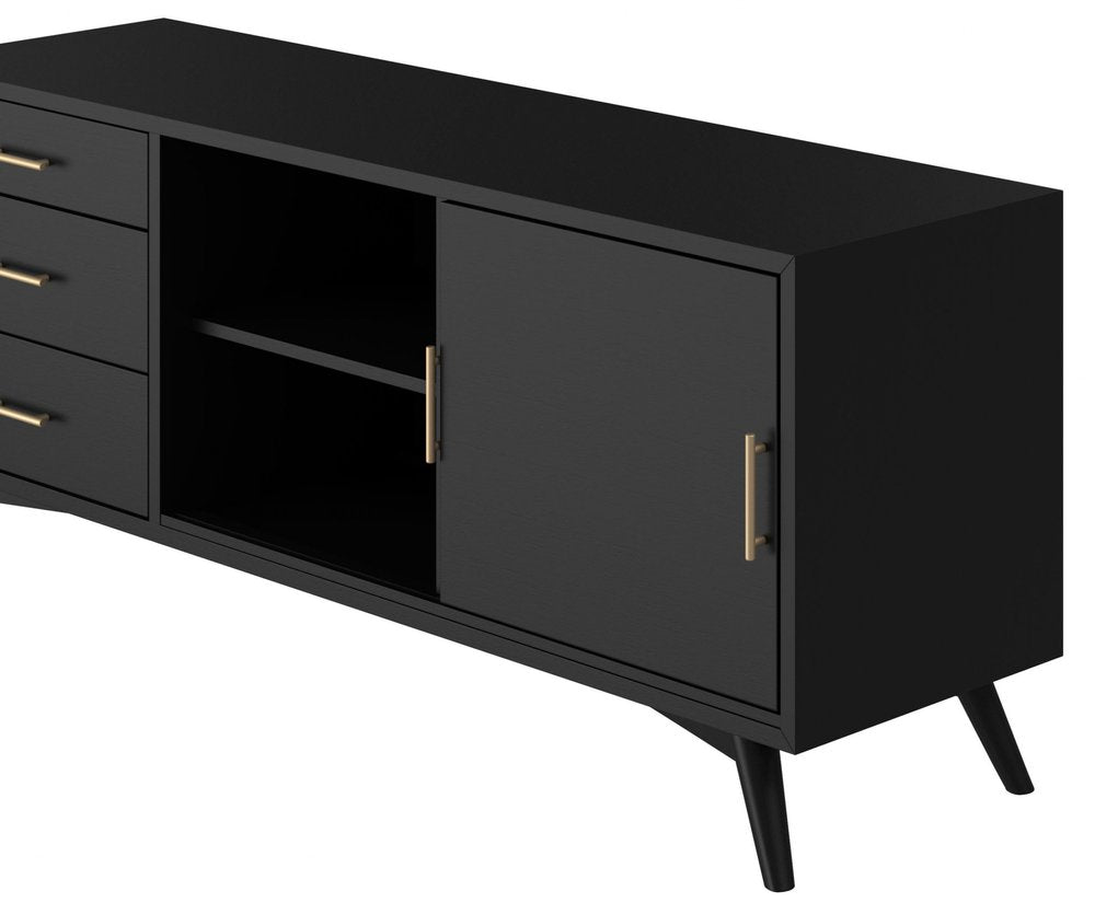 64" Black Mahogany Solid Wood Enclosed and Open Storage TV Stand HomeRoots