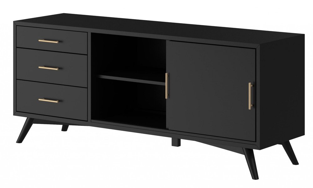 64" Black Mahogany Solid Wood Enclosed and Open Storage TV Stand — view 4
