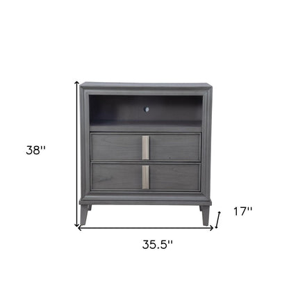 36" Gray Pine Poplar Solids With Mindy And Veneer Open Shelving TV Stand HomeRoots