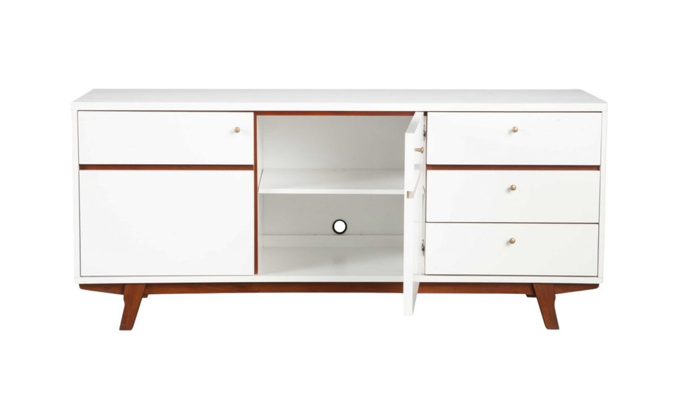 65" White Mahogany Solids And Veneer Cabinet Enclosed Storage TV Stand HomeRoots