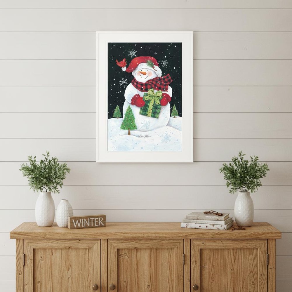 Plaid Stocking Hat Snowman White Framed Print Wall Art — view 4