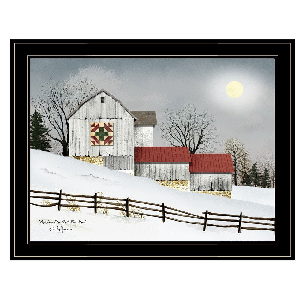 Christmas Star Quilt Block Barn 2 Black Framed Print Wall Art — view 1