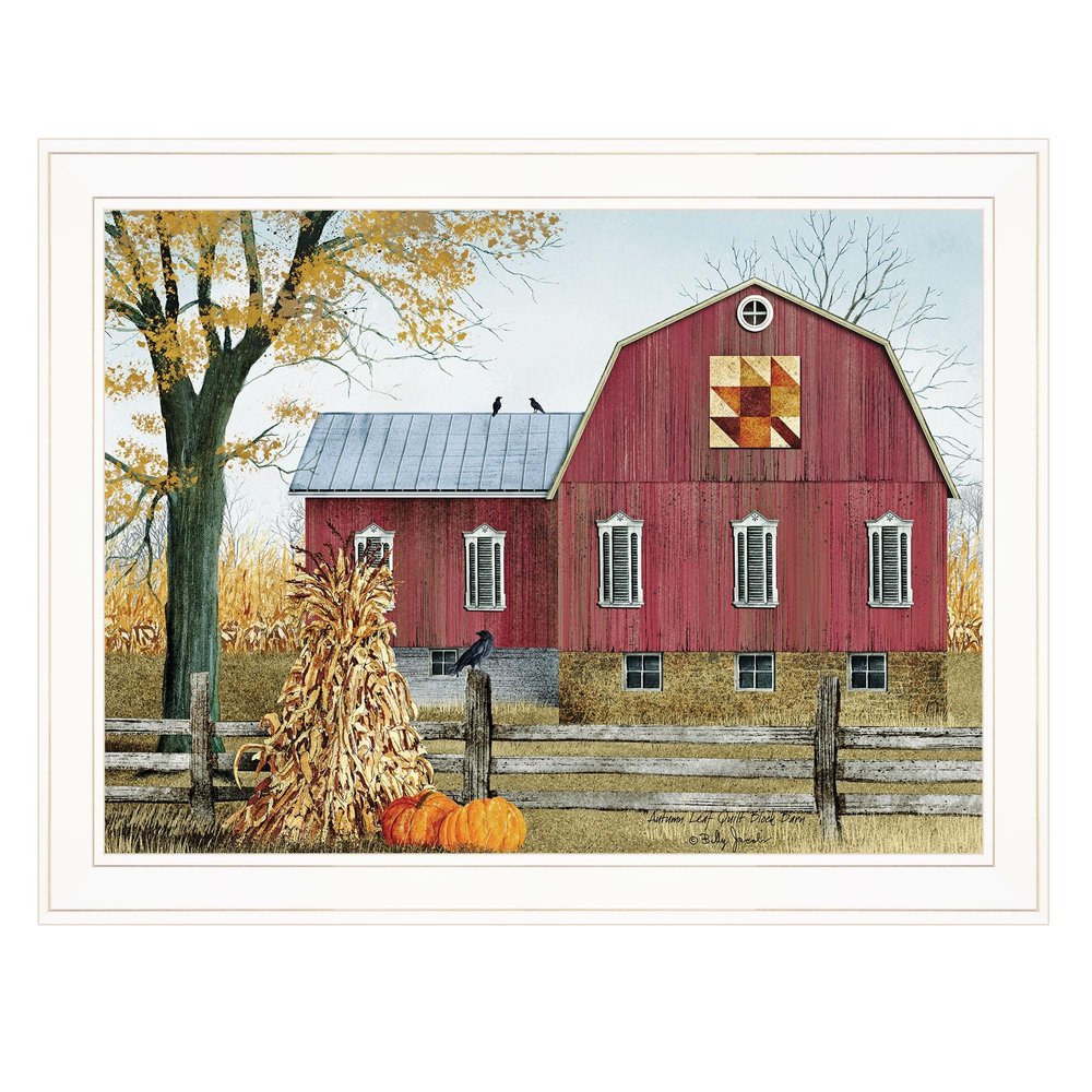 Autumn Leaf Quilt Block Barn 1 White Framed Print Wall Art — view 1
