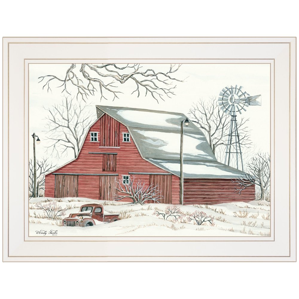 Winter Barn with Pickup Truck 1 White Framed Print Wall Art — view 1