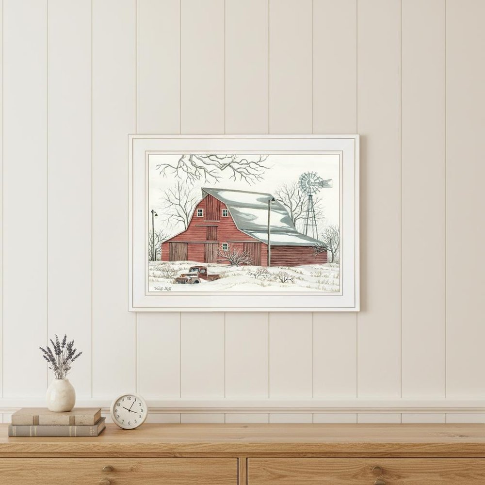 Winter Barn with Pickup Truck 1 White Framed Print Wall Art — view 4