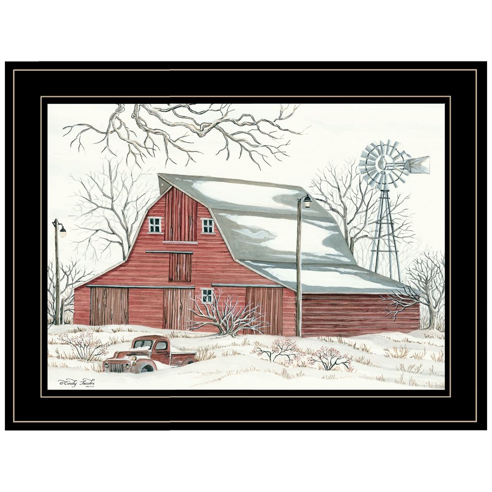 Winter Barn with Pickup Truck 2 Black Framed Print Wall Art — view 1