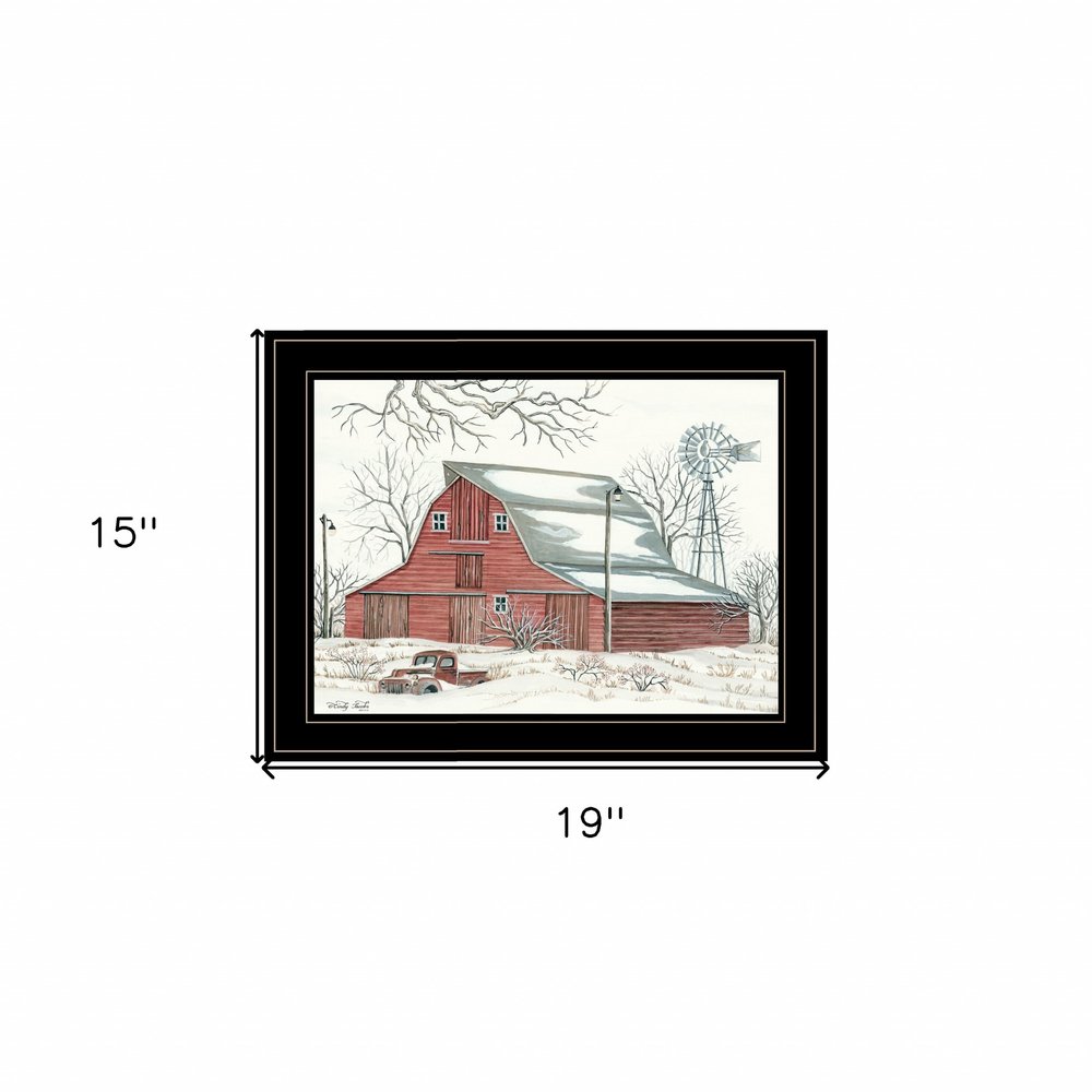 Winter Barn with Pickup Truck 2 Black Framed Print Wall Art — view 3