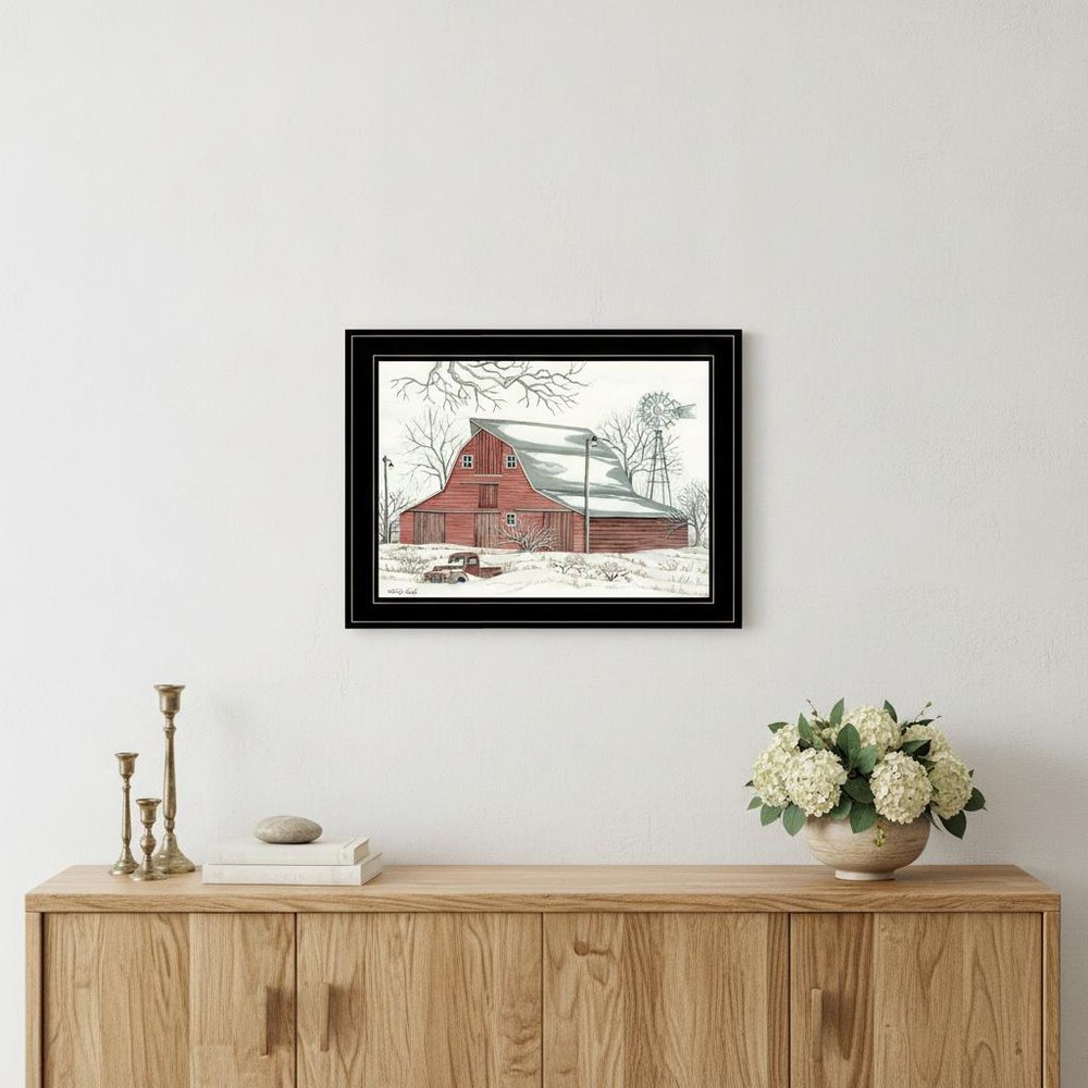 Winter Barn with Pickup Truck 2 Black Framed Print Wall Art — view 4