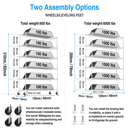 6 Tier Wire Shelving Unit 6000 LBS NSF Height Adjustable Metal Garage Storage Shelves with Wheels White - FurniFindUSA