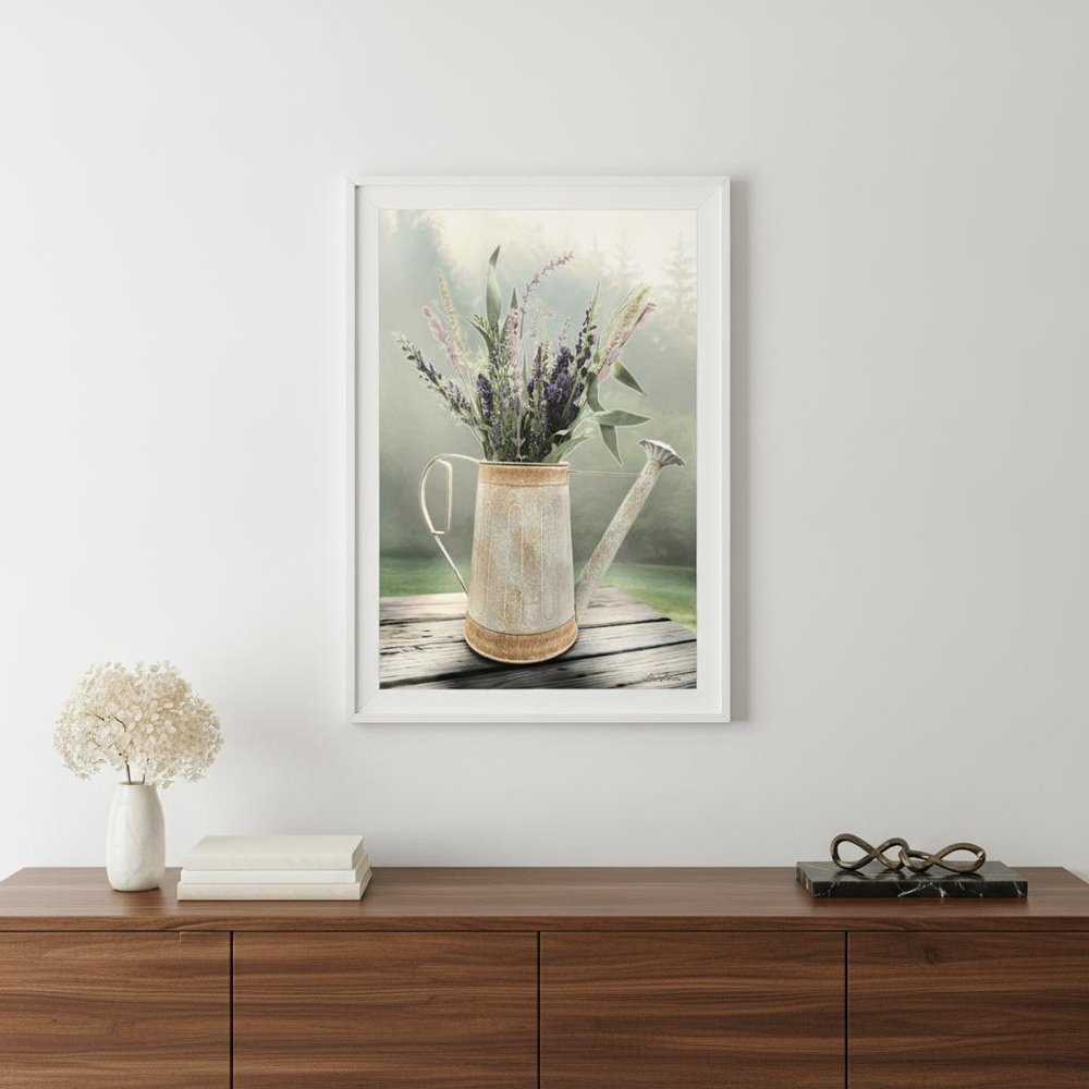 Lavender Watering Can 2 White Framed Print Wall Art — view 4