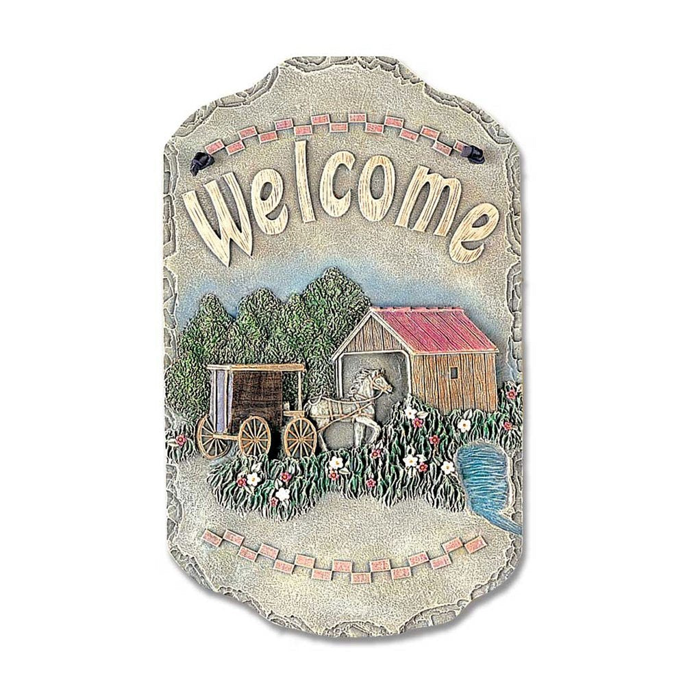 13" X 8" Gray Cream And Green Resin Horse Welcome Sign Wall Decor — view 1