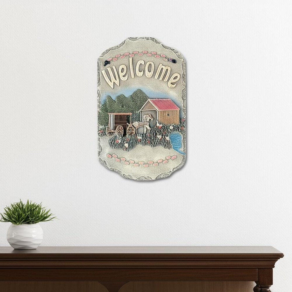 13" X 8" Gray Cream And Green Resin Horse Welcome Sign Wall Decor — view 3