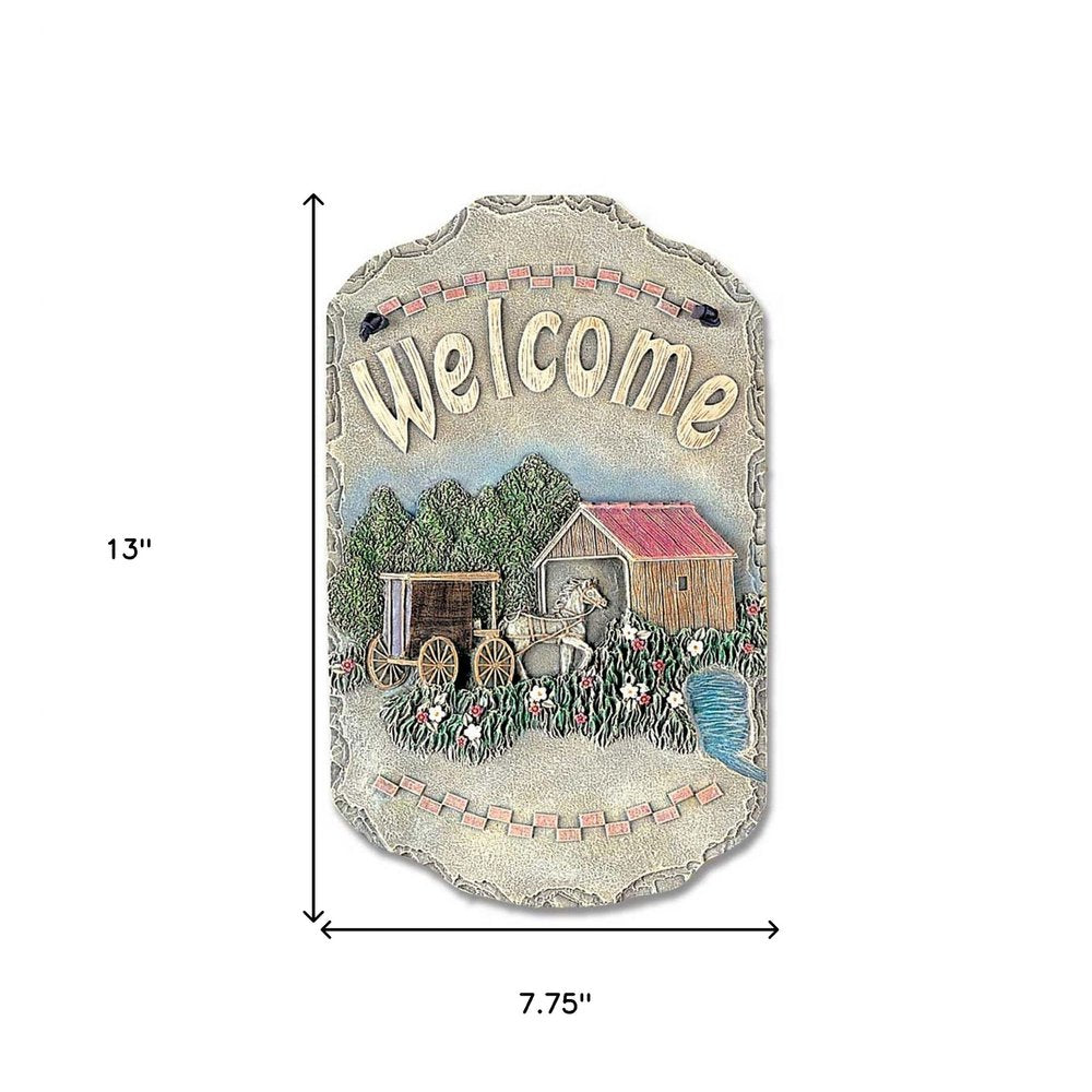 13" X 8" Gray Cream And Green Resin Horse Welcome Sign Wall Decor — view 2