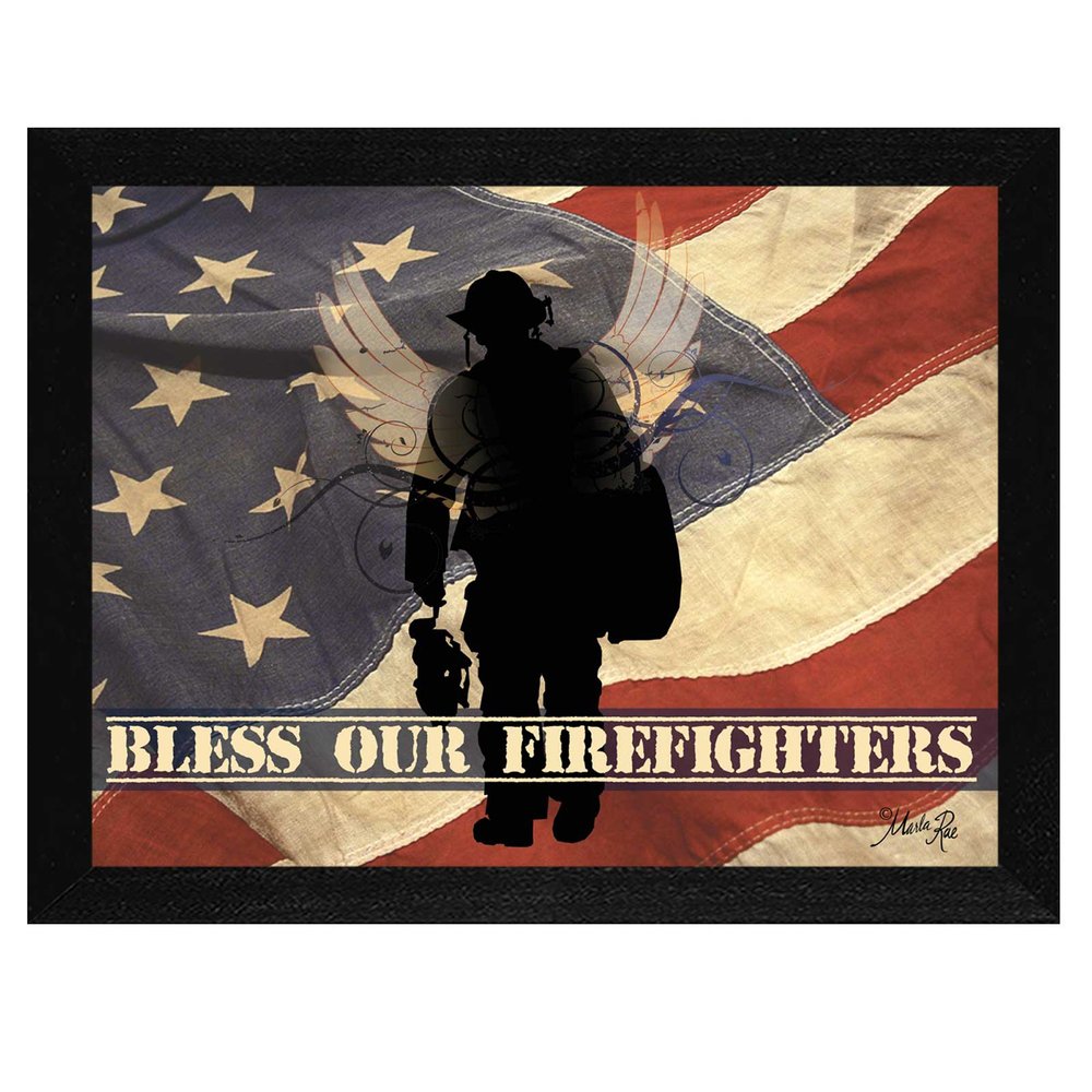 Bless our Firefighters Black Framed Print Wall Art — view 1