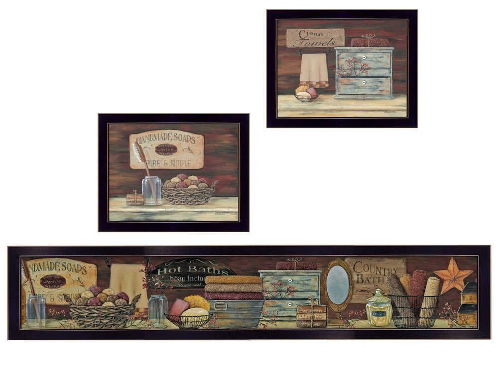 Set Of Three COUNTRY BATH 1 3 Black Framed Print Bathroom Wall Art HomeRoots