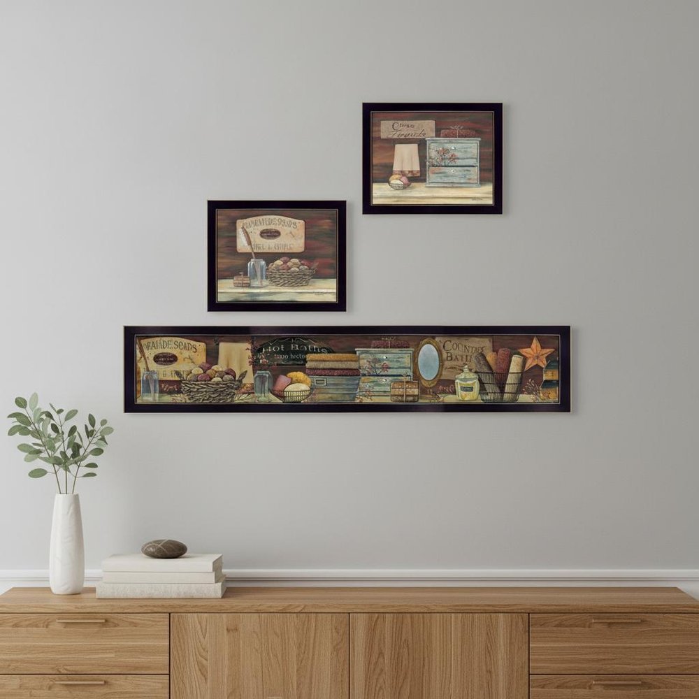 Set Of Three COUNTRY BATH 1 3 Black Framed Print Bathroom Wall Art HomeRoots