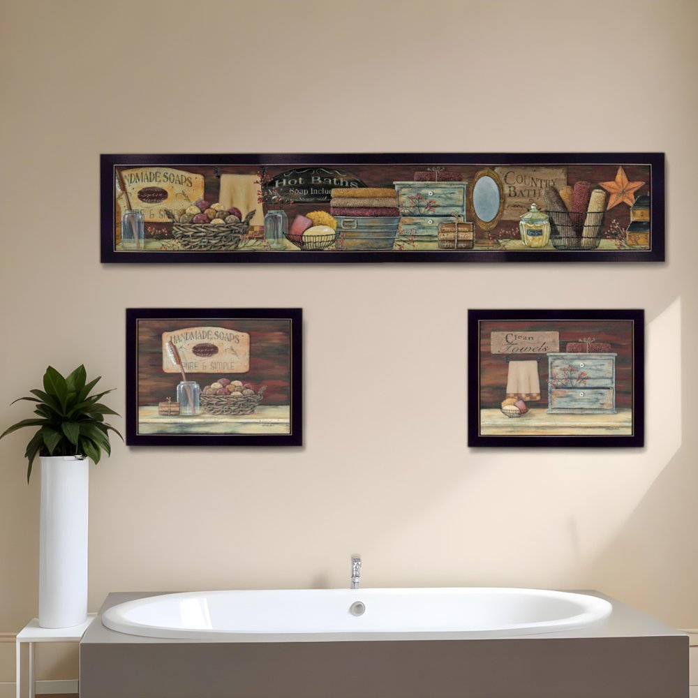 Set Of Three COUNTRY BATH 1 3 Black Framed Print Bathroom Wall Art HomeRoots