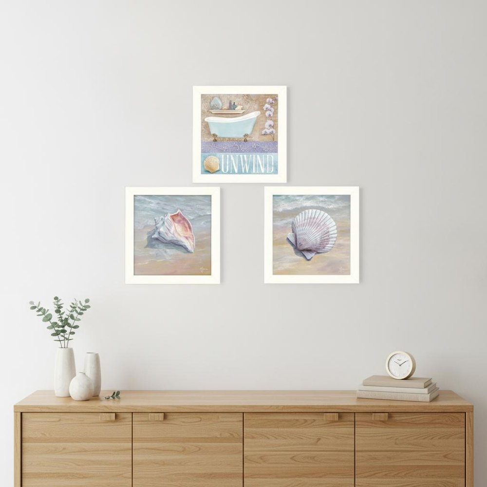 Set Of Three Shells II White Framed Print Bathroom Wall Art HomeRoots