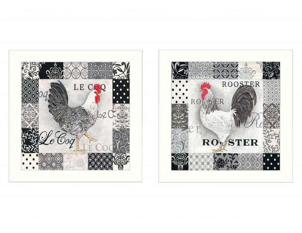 Set Of Two Black And White Rooster White Framed Print Wall Art HomeRoots