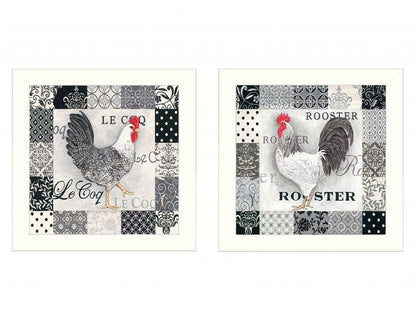 Set Of Two Black And White Rooster White Framed Print Wall Art HomeRoots