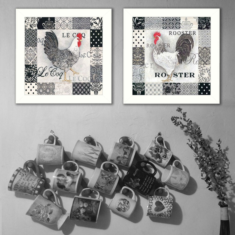 Set Of Two Black And White Rooster White Framed Print Wall Art HomeRoots
