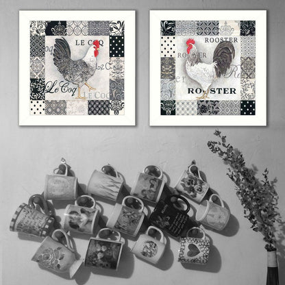 Set Of Two Black And White Rooster White Framed Print Wall Art HomeRoots