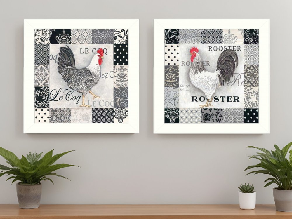 Set Of Two Black And White Rooster White Framed Print Wall Art HomeRoots