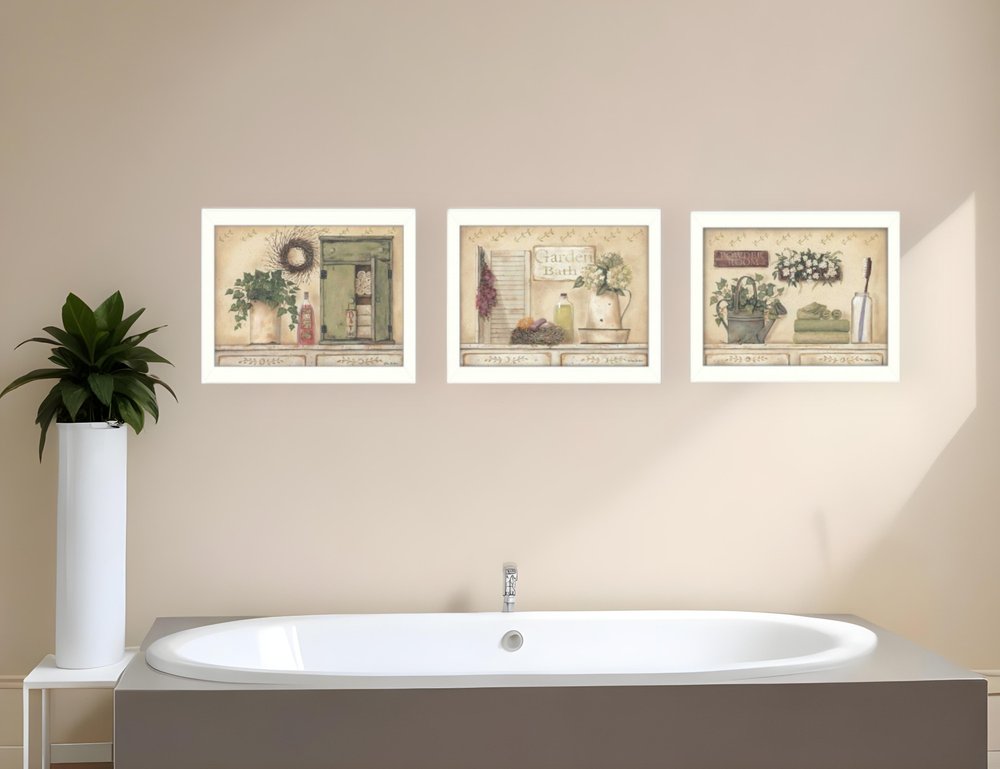 Set Of Three Garden Bath 2 White Framed Print Bathroom Wall Art HomeRoots