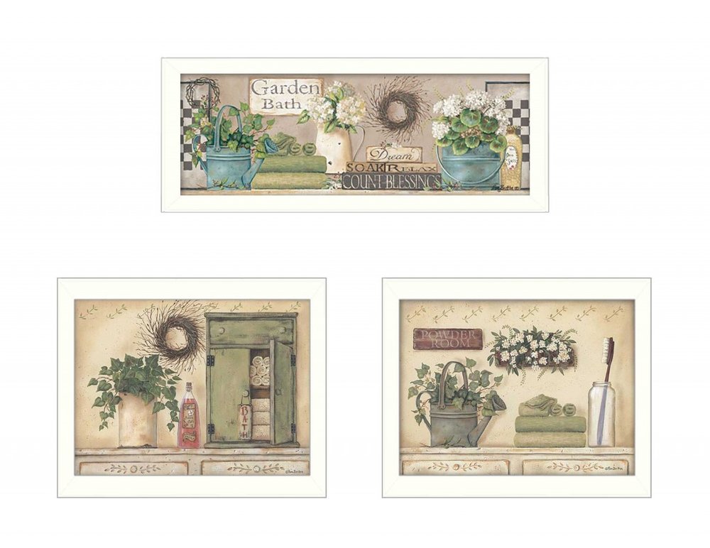 Set Of Three Garden Bath 1 White Framed Print Bathroom Wall Art HomeRoots