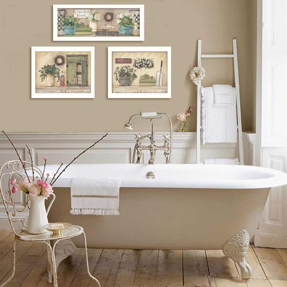 Set Of Three Garden Bath 1 White Framed Print Bathroom Wall Art HomeRoots