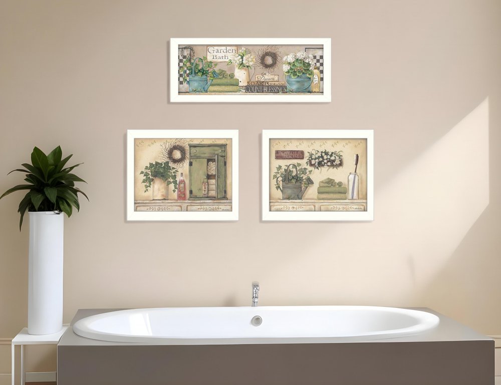 Set Of Three Garden Bath 1 White Framed Print Bathroom Wall Art HomeRoots