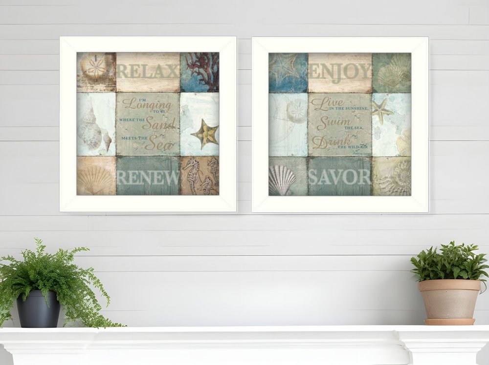 Set Of Two Sunshine Sand and Sea White Framed Print Wall Art HomeRoots