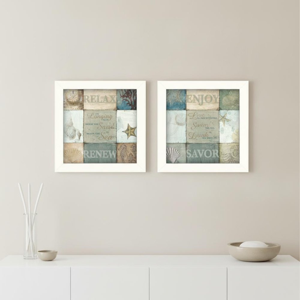 Set Of Two Sunshine Sand and Sea White Framed Print Wall Art HomeRoots