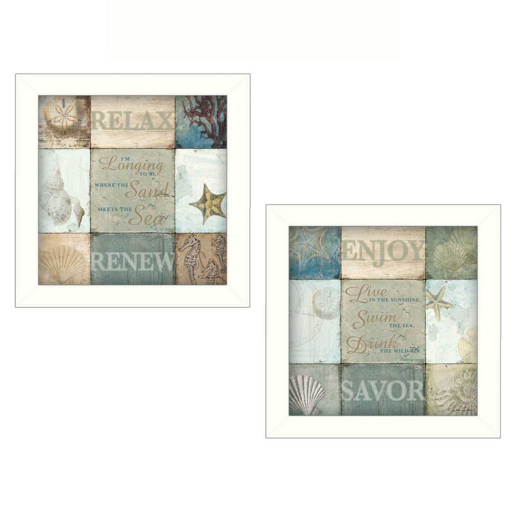 Set Of Two Sunshine Sand and Sea White Framed Print Wall Art HomeRoots
