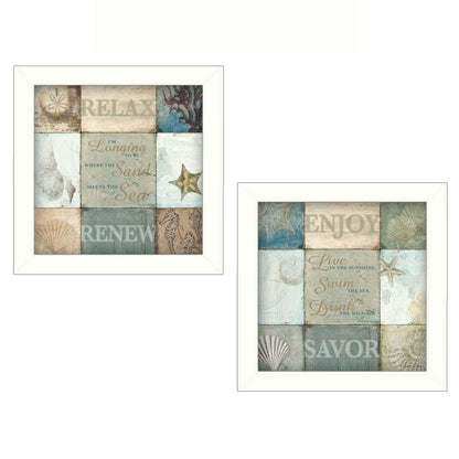 Set Of Two Sunshine Sand and Sea White Framed Print Wall Art HomeRoots