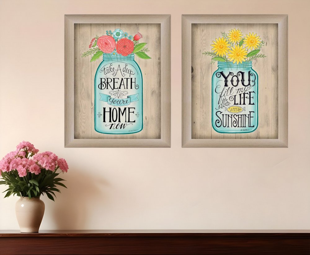 Set Of Two Mason Jars Floral Brown Framed Print Wall Art HomeRoots