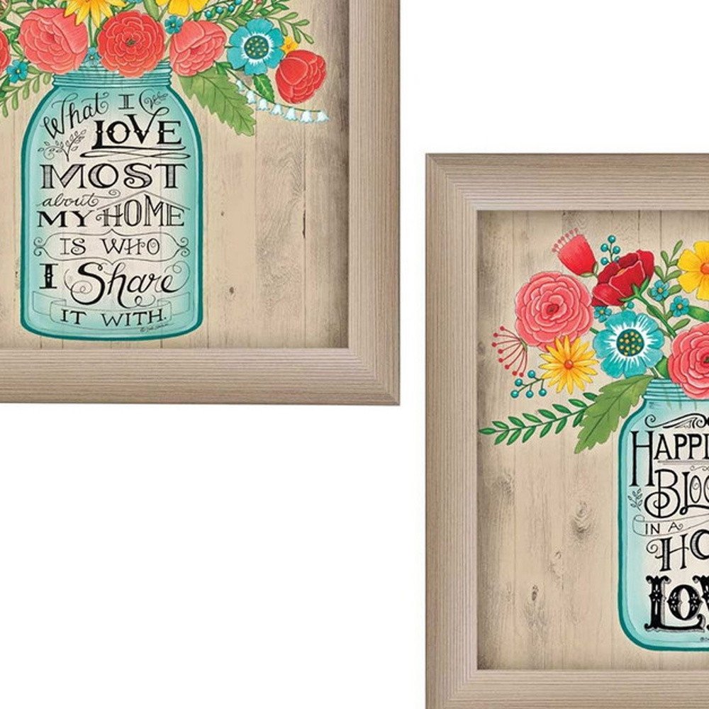 Set Of Two Mason Jar Floral Happiness at Home Brown Framed Print Wall Art HomeRoots