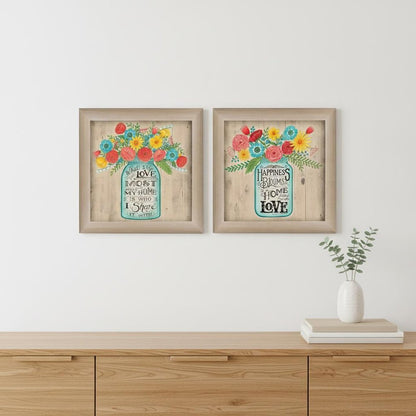 Set Of Two Mason Jar Floral Happiness at Home Brown Framed Print Wall Art HomeRoots
