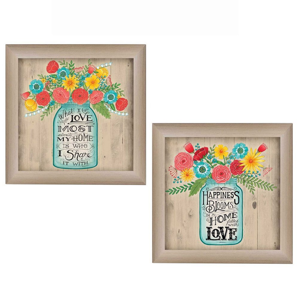 Set Of Two Mason Jar Floral Happiness at Home Brown Framed Print Wall Art HomeRoots