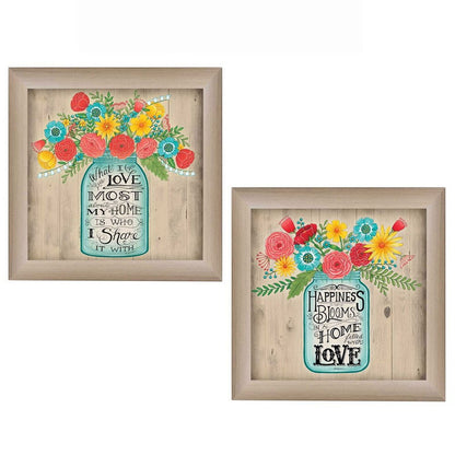 Set Of Two Mason Jar Floral Happiness at Home Brown Framed Print Wall Art HomeRoots