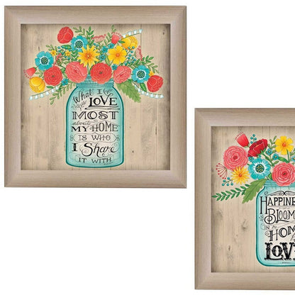 Set Of Two Mason Jar Floral Happiness at Home Brown Framed Print Wall Art HomeRoots