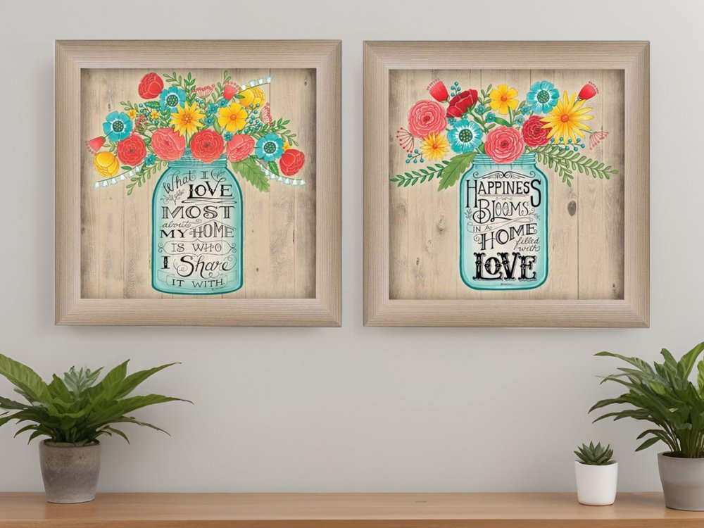 Set Of Two Mason Jar Floral Happiness at Home Brown Framed Print Wall Art HomeRoots