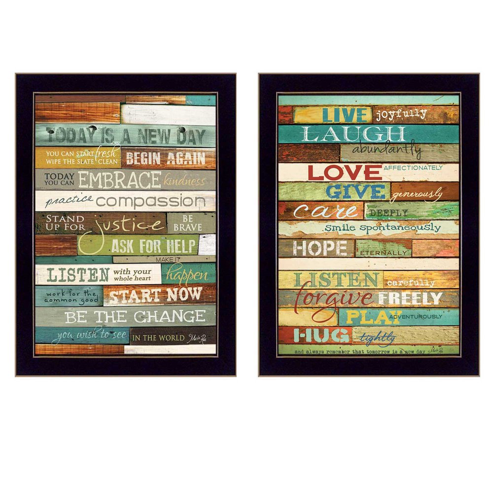 Set Of Two Today is a New Day Faux Wood Slat Black Framed Print Wall Art HomeRoots