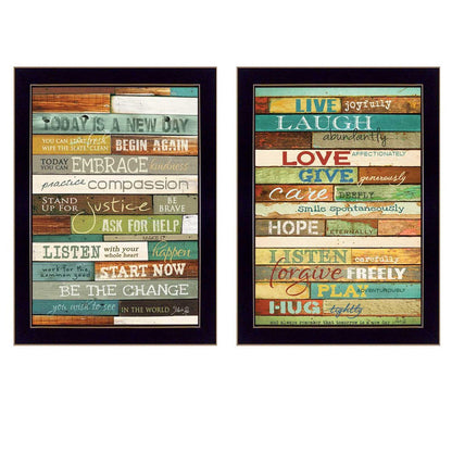 Set Of Two Today is a New Day Faux Wood Slat Black Framed Print Wall Art HomeRoots