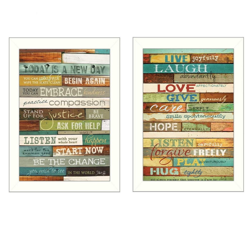 Set Of Two Today is a New Day Faux Wood Slat White Framed Print Wall Art HomeRoots