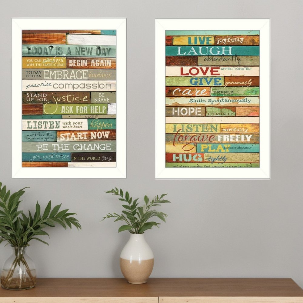 Set Of Two Today is a New Day Faux Wood Slat White Framed Print Wall Art HomeRoots