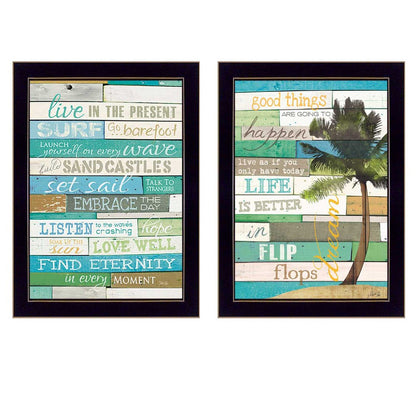 Set Of Two Live In The Moment Beachy Black Framed Print Wall Art HomeRoots